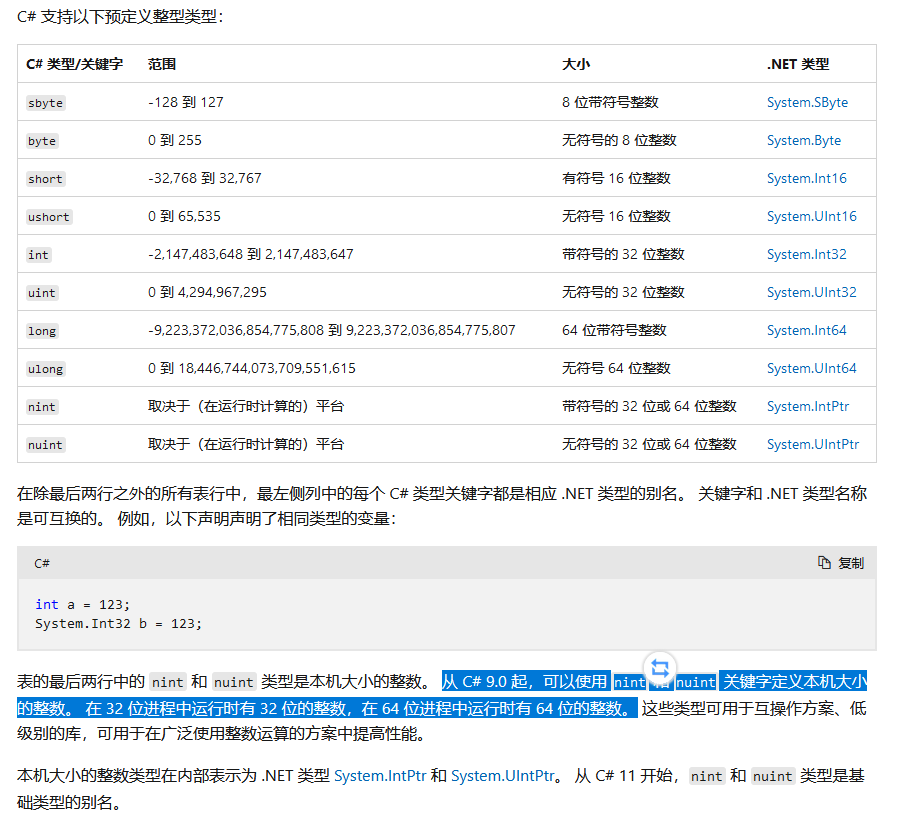 C#预定义整型类型
